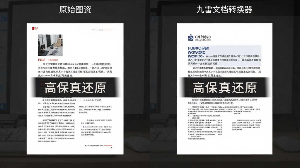 一张对比图,左侧为原始PDF文档预览,右侧为九雷文档转换器转换后的Word文档预览,两者排版完全一致,标注有“高保真还原”字样,画面风格专业严谨,画质清晰,无多余元素。