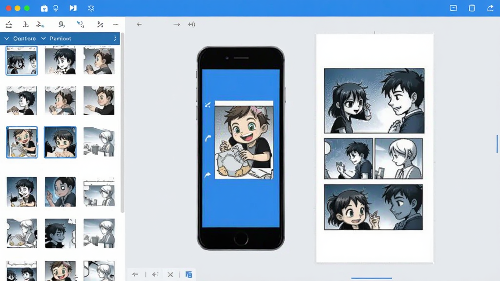 比特铃手机漫画书制作工具主界面预览,左侧为素材列表,右侧为漫画页面编辑区,中间是手机屏幕模拟预览,整体布局简洁清晰,扁平化设计风格,以蓝白为主色调,画质干净,无多余元素
