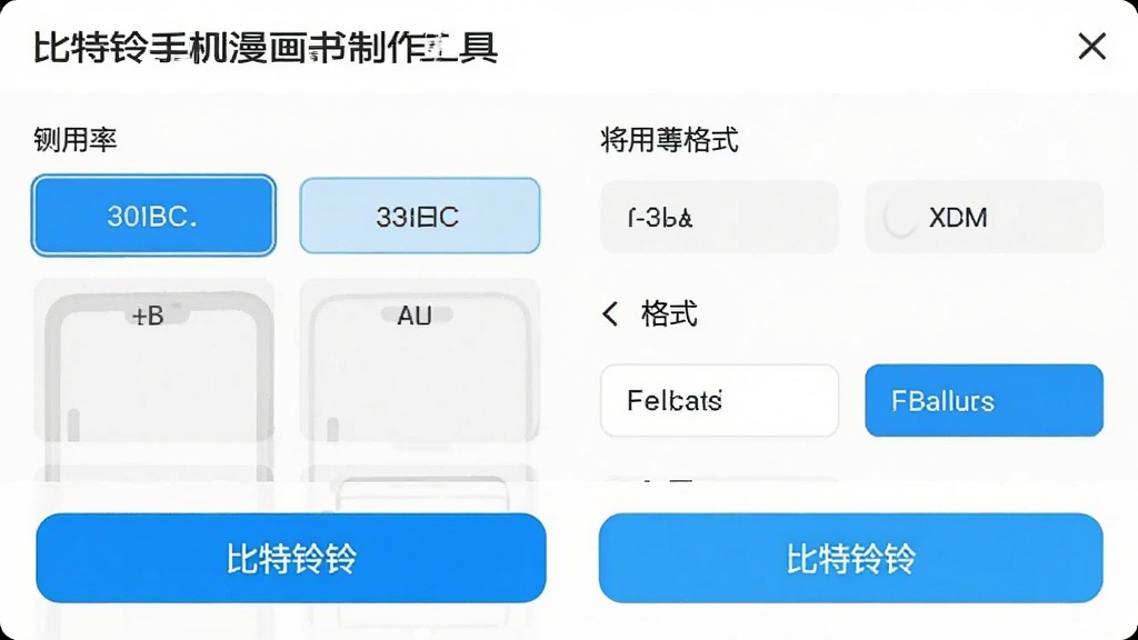 比特铃手机漫画书制作工具导出设置界面,显示多种分辨率选项和格式选择,界面清晰,按钮醒目,整体风格简洁,画质干净,无多余元素