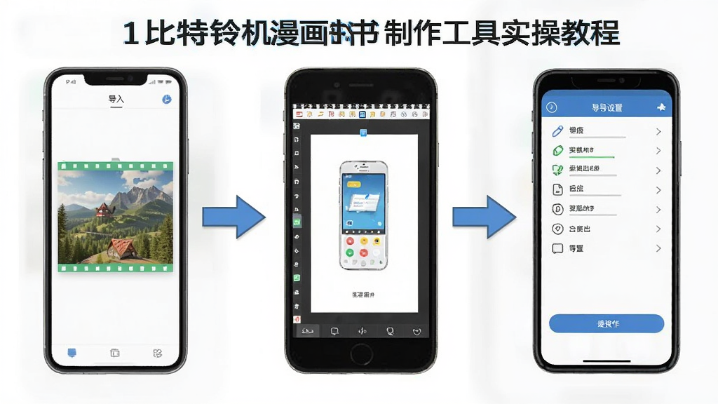 比特铃手机漫画书制作工具实操教程步骤图,展示导入图片、编辑页面、导出设置等操作流程,界面清晰,步骤指示明显,画质干净,无多余元素