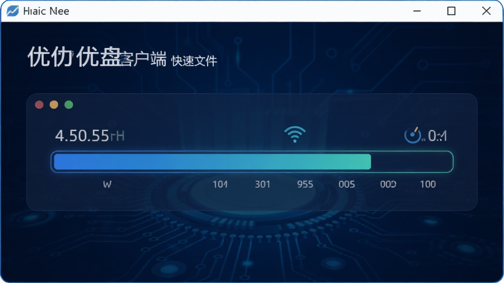 优久优盘客户端快速文件传输界面,展示进度条与速度数据,背景为深蓝色科技风格,强调高速传输特性,画面干净,无多余元素,画质清晰。
