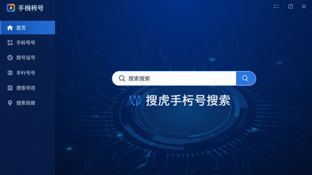 搜虎手机号搜索软件主界面截图预览,深蓝色科技感背景,居中显示搜索框与“搜虎手机号搜索”品牌标识,左侧功能导航栏,整体布局清晰、界面干净明亮,现代扁平化设计风格,高画质,无多余元素