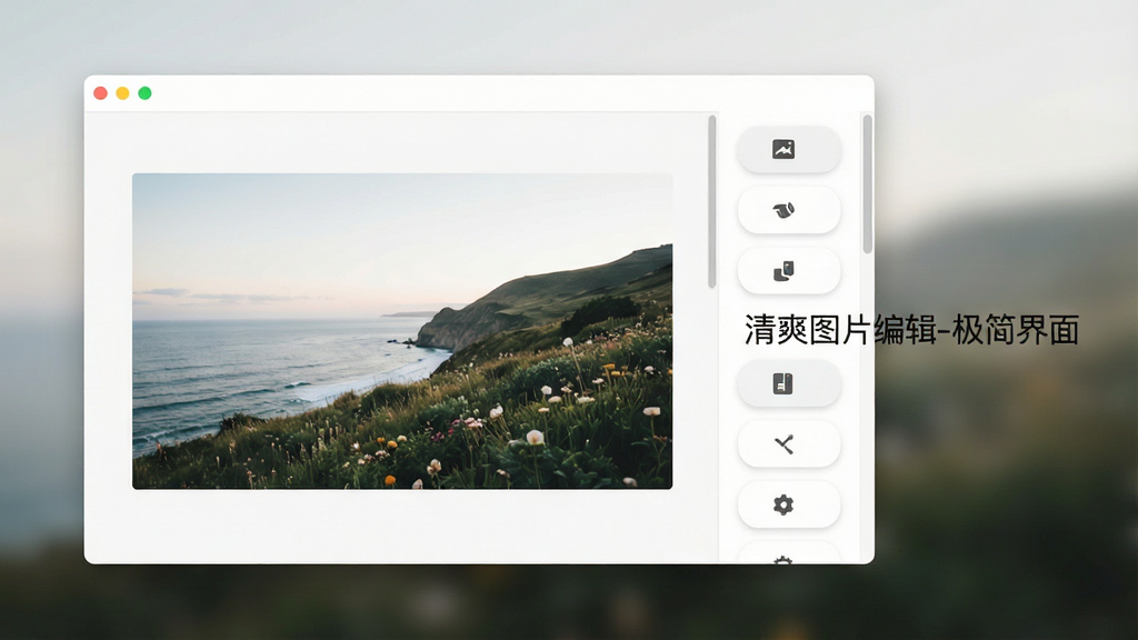 展示清爽图片编辑极简界面,主体为白色调操作界面,左侧为图片预览区,右侧为纵向排列的简洁功能按钮,按钮带有微图标,整体布局简洁大方,风格扁平化,细节精致,画质干净,文字标注“清爽图片编辑-极简界面”