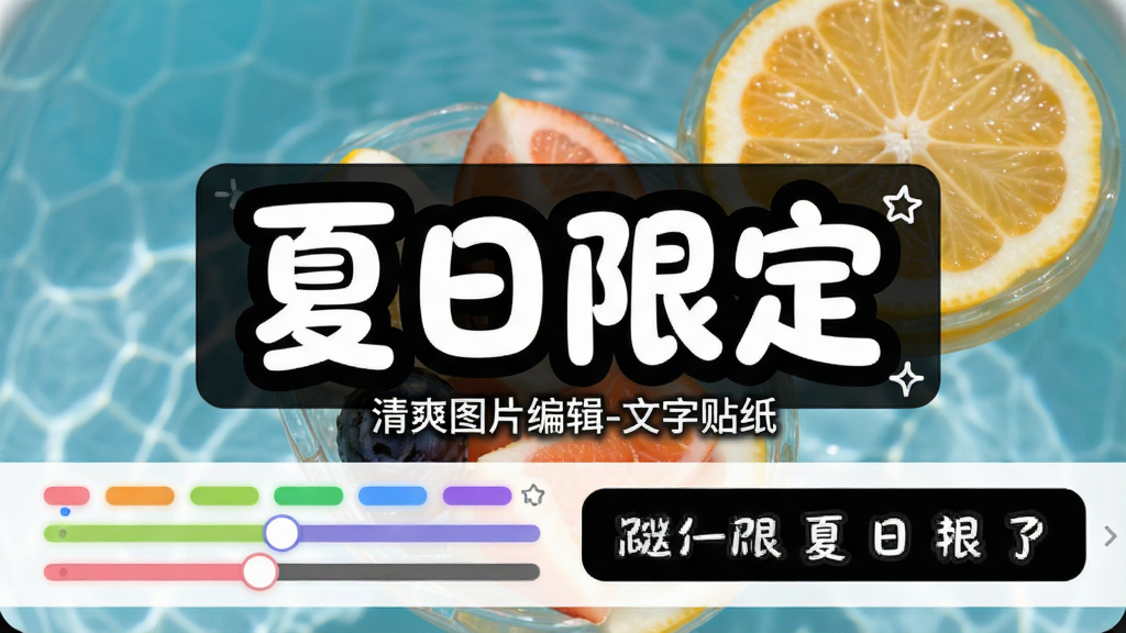 展示文字添加功能,主体为一张产品摄影图片上叠加了半透明黑色蒙版,中央显示白色艺术字“夏日限定”,字体圆润可爱,下方有多个颜色滑块和字体预览条,界面风格活泼,元素布局合理,画质清晰干净,文字标注“清爽图片编辑-文字贴纸”