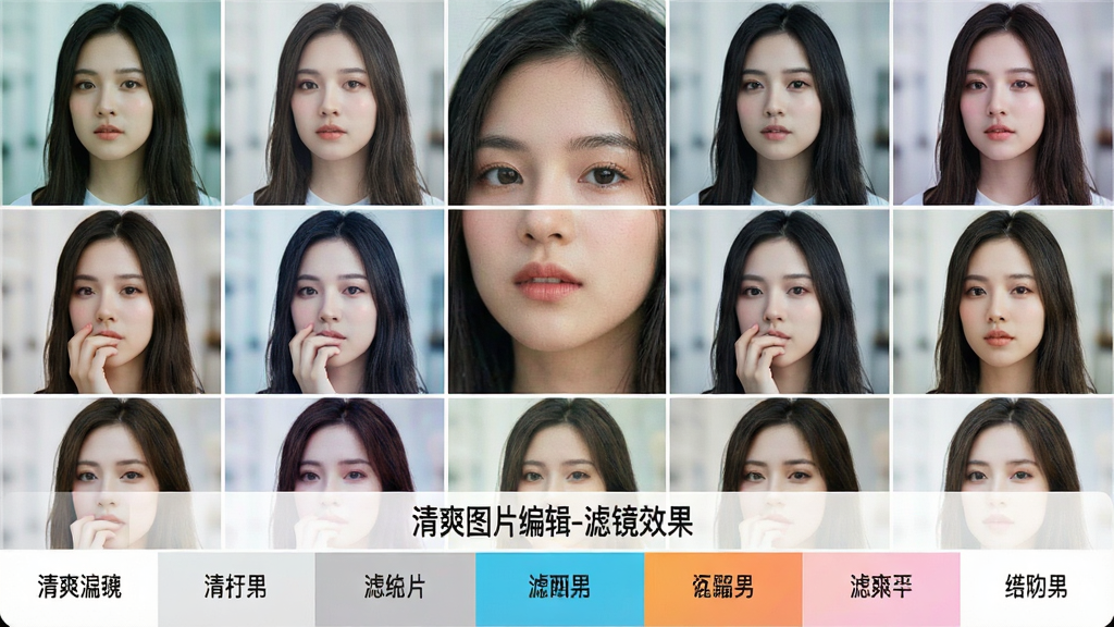 展示清爽图片编辑的滤镜选择界面,主体为一张人像照片被分割成多个小方格,每个方格显示不同滤镜效果预览,下方横向排列滤镜名称,界面色彩丰富但不杂乱,风格清晰直观,画质细腻,干净无多余元素,文字标注“清爽图片编辑-滤镜效果”