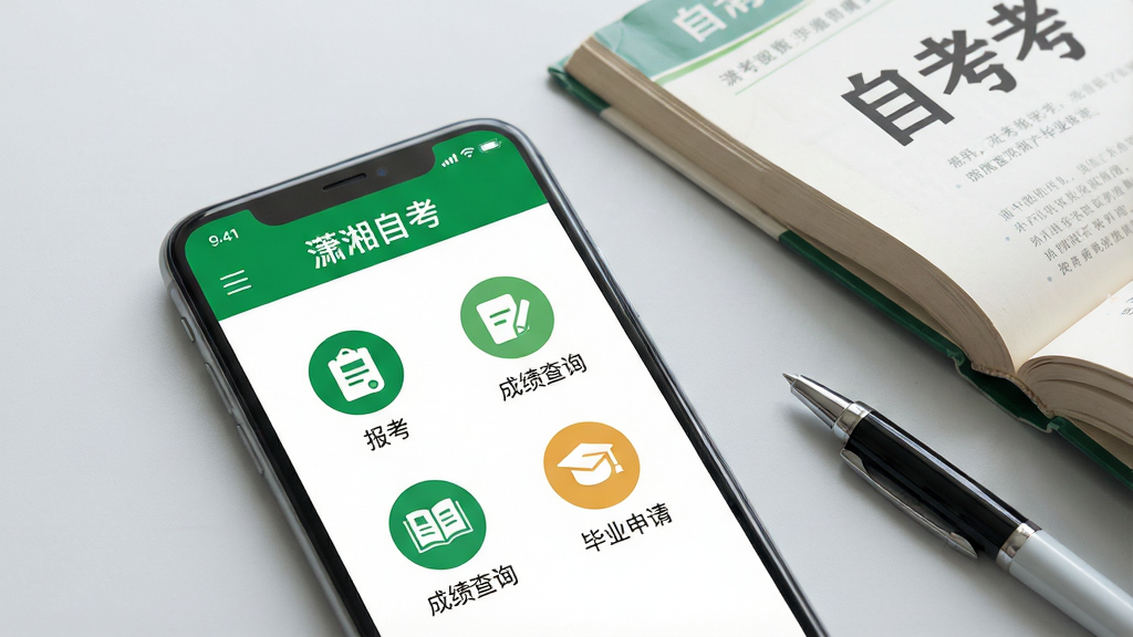 一张智能手机屏幕特写,屏幕内清晰显示“潇湘自考”APP主界面,界面顶部有绿色主题色导航栏,下方排列着“报考”“成绩查询”“毕业申请”等圆形图标,背景为浅灰色桌面,手机旁放着一本翻开的自考教材和一支笔,整体布局简洁明亮,画质高清,干净无多余元素