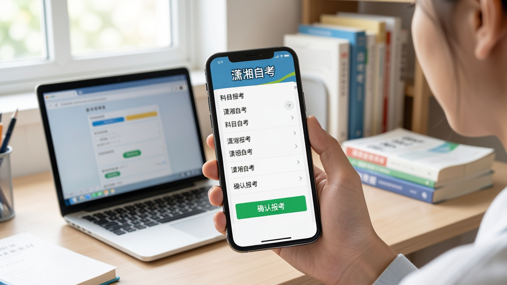 一名学生手持手机,屏幕显示“潇湘自考”的课程报考页面,页面中有科目列表和“确认报考”绿色按钮,背景是明亮的书房,书桌上摆放着笔记本电脑和自考教材,画面构图以手机为中心,突出简洁的操作界面,风格写实清晰,画质干净无多余元素