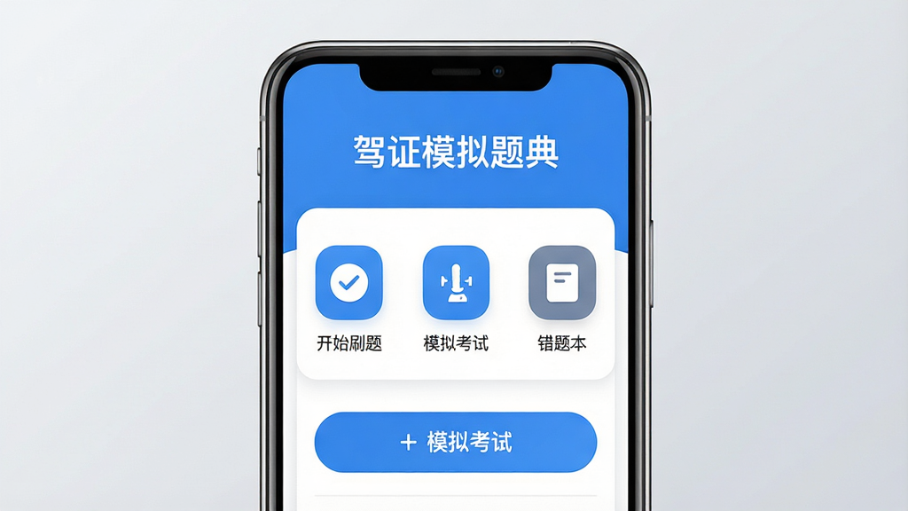 主体:驾证模拟题典APP界面,展示手机屏幕上的驾考题库列表和模拟考试按钮。布局:手机居中,屏幕内显示“驾证模拟题典”字样及分类题库图标。排版:简洁清晰,突出APP名称和功能区域。风格:现代扁平化设计,色彩清新(蓝白为主)。细节:屏幕上包含“开始刷题”“模拟考试”“错题本”等图标,背景为浅灰色渐变。画质:高清渲染,干净无多余元素。