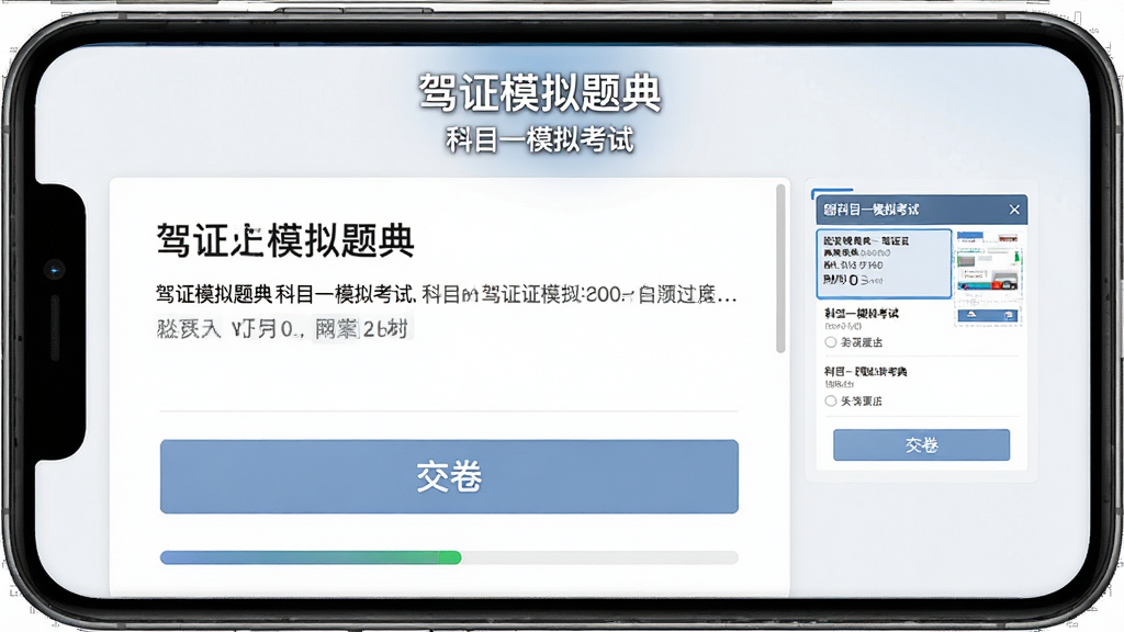 主体:驾证模拟题典模拟考试界面,显示倒计时和答题卡。布局:手机屏幕居中,左侧为题目区,右侧为答题卡缩略图。排版:顶部显示“驾证模拟题典”和“科目一模拟考试”标题。风格:真实考试风格,界面干净专业。细节:屏幕上有“交卷”按钮和进度条,背景为浅白色。画质:清晰逼真,无多余装饰。