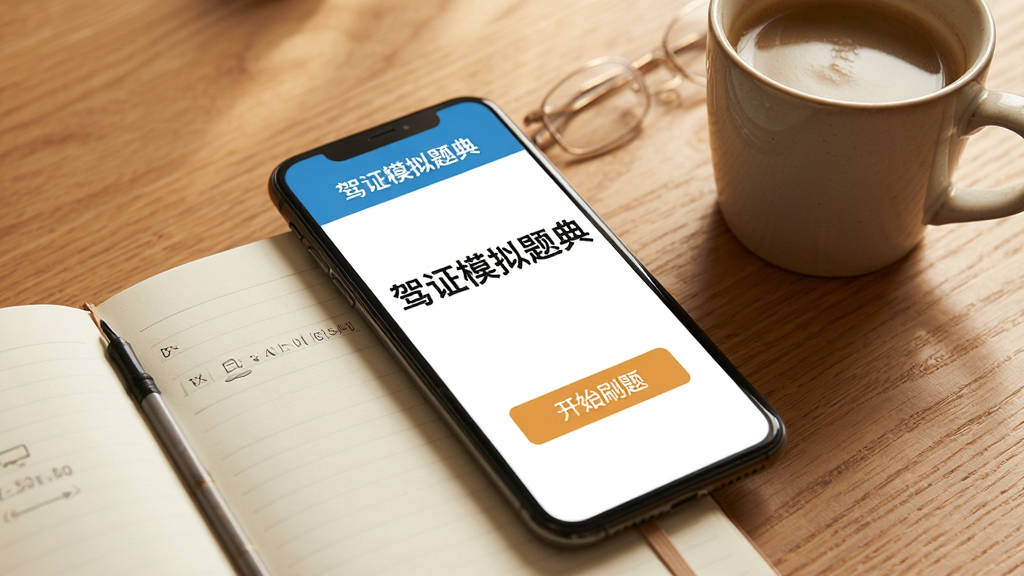 主体:驾证模拟题典使用场景图,显示手机放在桌面,旁边有笔记本和咖啡杯。布局:手机屏幕斜放,屏幕上显示“驾证模拟题典”主界面。排版:文字“驾证模拟题典”清晰可见。风格:生活化场景,温暖色调。细节:屏幕上有“开始刷题”按钮,背景为木质桌面。画质:高清,干净无杂物。