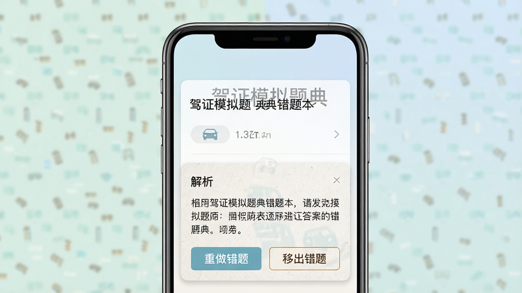 主体:驾证模拟题典错题本界面,展示错题列表和答案解析卡片。布局:屏幕中心显示一道错题,下方展开解析区域。排版:错题上方有“驾证模拟题典”水印,解析文字清晰。风格:简洁教育风,柔和背景色。细节:包含“重做错题”“移出错题”按钮,纸张质感背景。画质:高精细度,无杂乱元素。