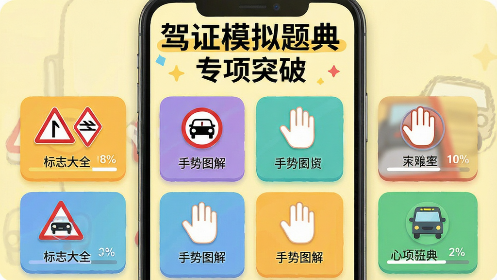 主体:驾证模拟题典专项练习页面,展示交通标志和手势分类卡片。布局:屏幕中网格状排列多个专题图标,如“标志大全”“手势图解”。排版:顶部标题“驾证模拟题典”与“专项突破”字样。风格:彩色卡片风格,活泼明亮。细节:卡片上有对应图标和进度百分比,背景为浅黄色。画质:清爽干净,无多余元素。