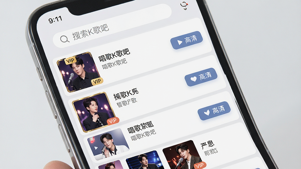主体:手机屏幕展示歌曲列表页面,上方搜索框,下方排列多张歌曲封面缩略图。布局:列表式排版,每行显示歌名、歌手与点歌按钮。风格:现代扁平化UI设计,背景浅灰。细节:屏幕上有