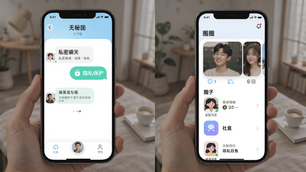 无秘圈应用主界面预览图,展示私密聊天与圈子列表,整体风格清新简洁,界面布局合理,图标圆润,色彩柔和,突出隐私保护与社交功能,画质干净,无多余元素。