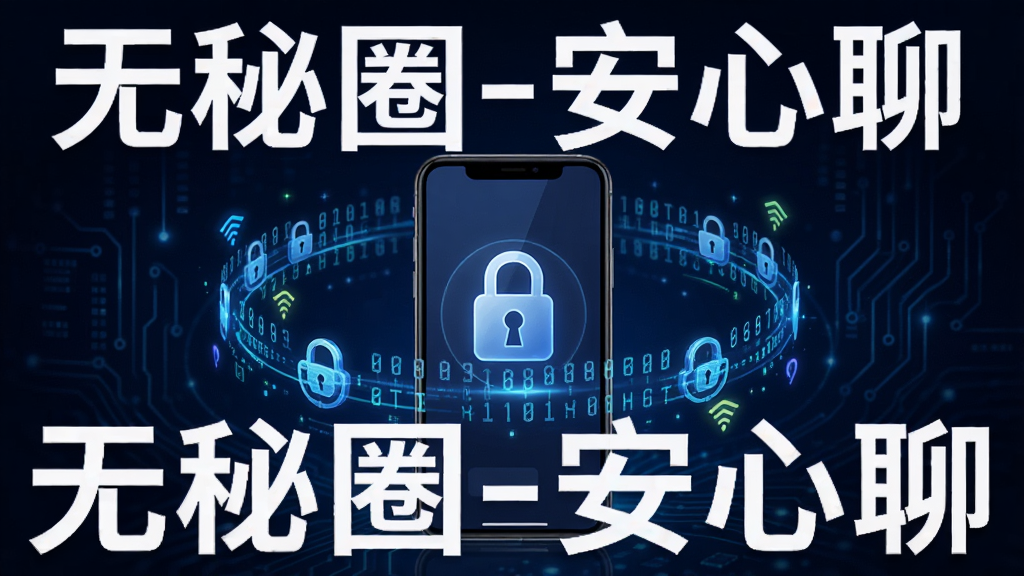 无秘圈隐私保护功能示意图,画面中央显示一个带有锁形图标的手机界面,周围环绕加密数据流,背景为深蓝色科技感风格,突出安全与匿名,文字标注