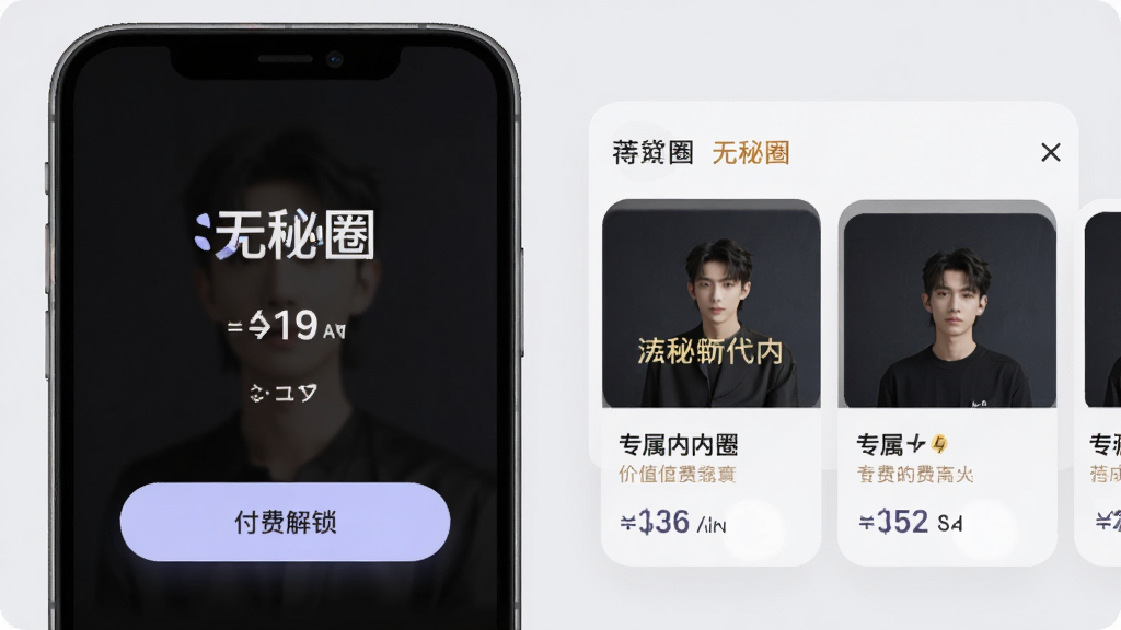 无秘圈付费圈子界面预览,展示付费解锁按钮与专属内容卡片,画面风格简约商务,背景为浅灰色,卡片上标注