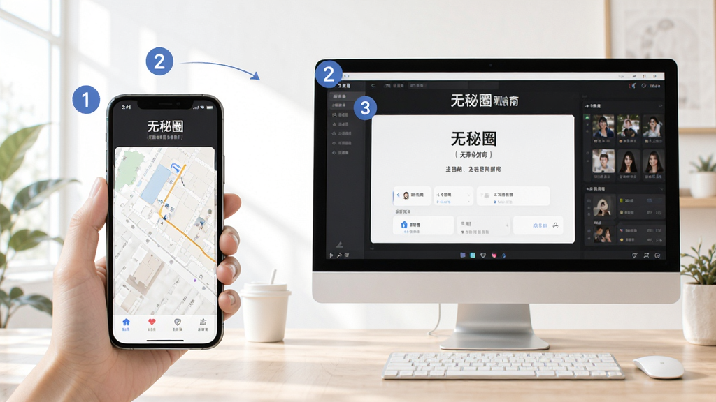 无秘圈使用指南插图,展示手机与电脑模拟器两种设备操作场景,画面左侧为手机屏幕,右侧为电脑显示器,均显示无秘圈界面,背景简洁明亮,配有步骤数字标记,画质清晰,无多余元素。
