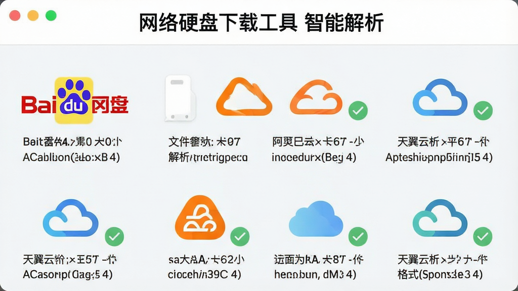 一张展示网络硬盘下载工具解析多种网盘链接的界面图,界面中罗列了百度网盘、阿里云盘、天翼云盘等多个图标,每个图标旁有对勾表示解析成功,下方显示解析出的文件大小与格式,标题栏写着“网络硬盘下载工具 智能解析”,整体设计扁平化,浅色背景,图标色彩鲜艳,画质清晰,无多余元素。