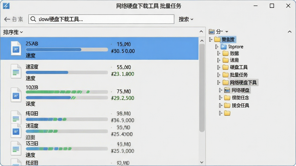 一幅展示网络硬盘下载工具批量任务管理界面的图片,界面左侧有多个文件正在排队下载,每个文件上方有进度条和速度标识,右侧有分类文件夹树状图,顶部搜索栏输入关键字,背景为浅灰色调,窗口标题显示“网络硬盘下载工具 批量任务”,列表排序整齐,信息层级分明,画质干净,无多余元素。