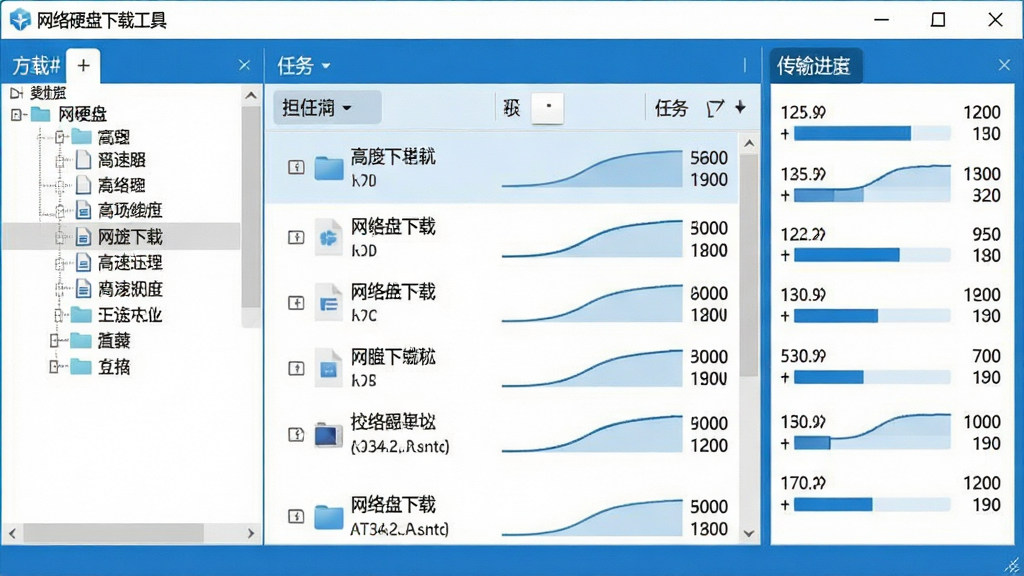 一张展示网络硬盘下载工具主界面的高清图片,界面分为左侧文件树、中间任务列表、右侧传输进度面板,整体采用蓝白配色,窗口上方显示软件名称“网络硬盘下载工具”,任务列表中有多个文件正在高速下载,速度曲线平稳,背景干净,科技感与实用性并重,画质清晰,无多余元素。