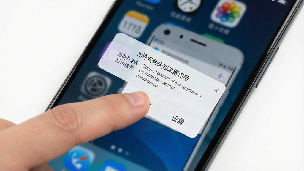 展示“万能开单打印软件”在手机上的安装界面,显示“允许安装未知来源应用”的弹窗,手指正在点击“设置”按钮,背景是手机桌面,风格写实,细节清晰,画质干净,无多余元素。