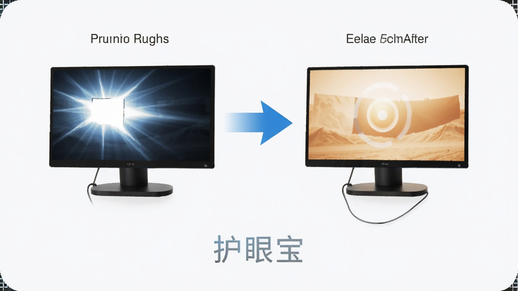 护眼宝蓝光过滤功能示意图,左侧为未开启过滤的刺眼屏幕,右侧为开启护眼宝后的柔和暖色屏幕,中间用箭头对比,底部有“护眼宝”字样,产品渲染图风格,科技感,画质清晰,干净背景