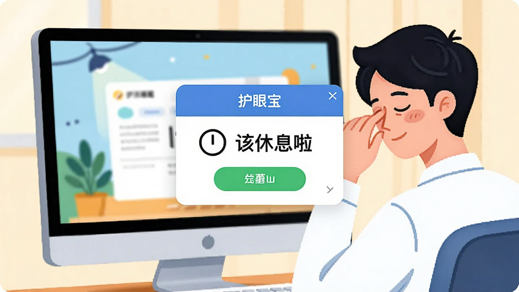 护眼宝休息提醒弹窗界面,电脑屏幕前一位白领正在揉眼睛,屏幕中央显示护眼宝的定时休息提醒卡片,上面写着“该休息啦”,时钟图标与绿色按钮,插画风格,色彩明快,干净无多余元素