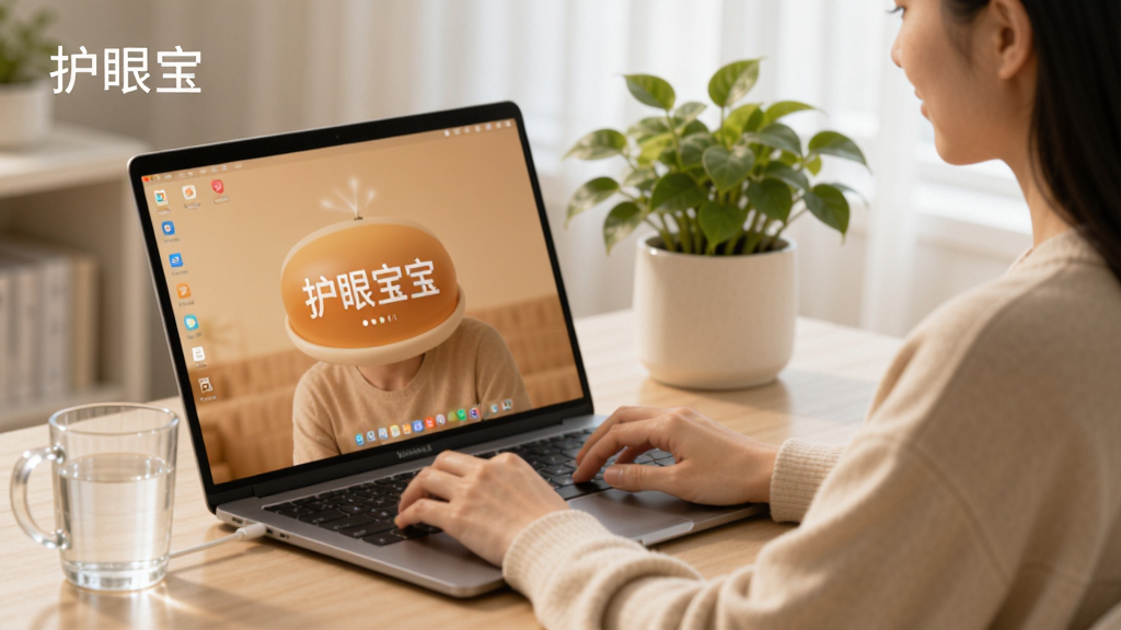 护眼宝使用场景图,一位用户正在使用笔记本电脑,屏幕显示暖色调护眼模式,旁边放着水杯和绿植,整体氛围轻松舒适,文字标注“护眼宝”,高清摄影风格,干净无多余元素
