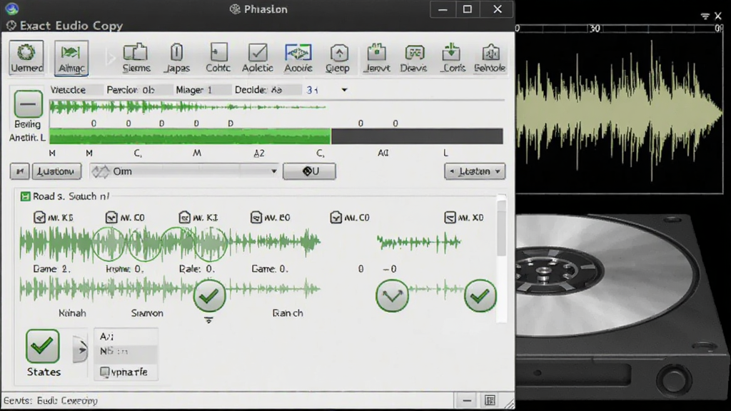 展示Exact Audio Copy进行精准抓轨时的特写画面,软件窗口显示音轨读取进度与校验状态图标,背景为CD光驱与音频波形图,整体风格写实专业,画质清晰,无多余元素