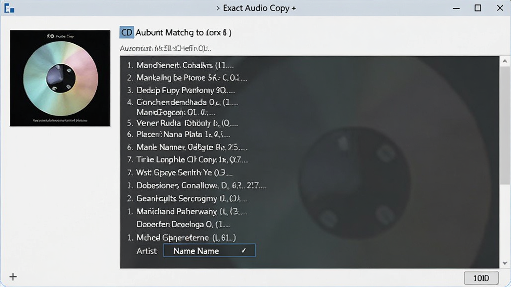 Exact Audio Copy软件界面中显示自动匹配到的CD专辑信息,包括封面、曲目列表与艺术家名称,界面配色简洁,排版整齐,画质干净,无多余元素