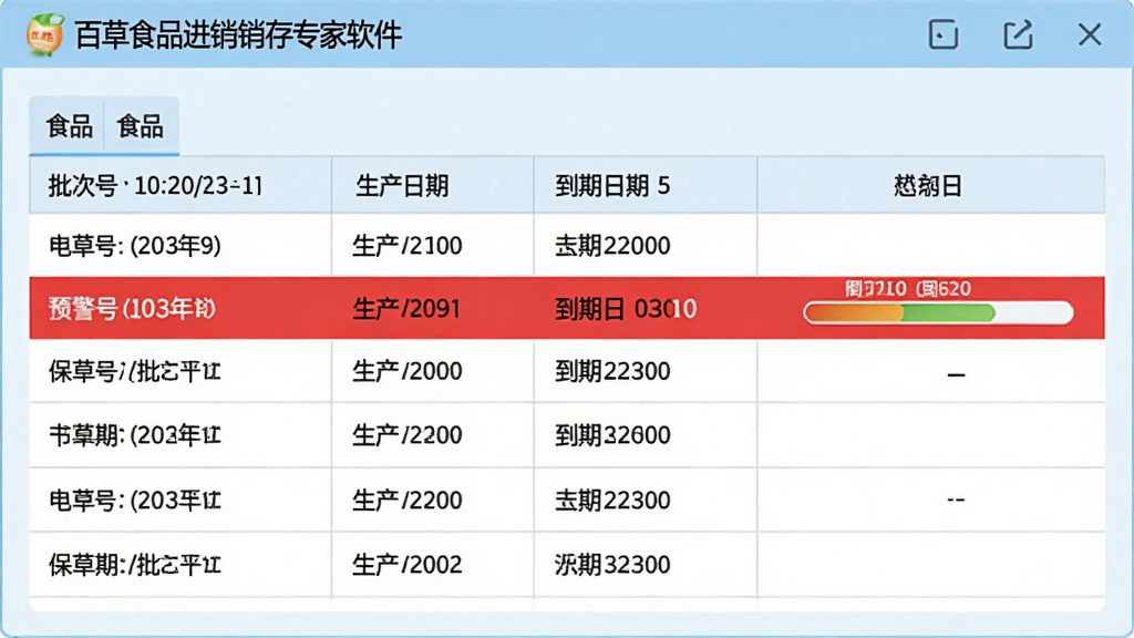 百草食品进销存专家软件中批次与保质期管理功能的界面截图,表格中清晰列示了不同食品的批次号、生产日期、到期日期,其中一行显示红色预警标记,旁边有到期日倒计时进度条,界面采用浅蓝色调,数据清晰易读,画质清晰,干净,无多余元素