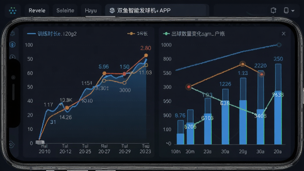 主体是双鱼智能发球机APP的训练数据统计页面,布局为手机屏幕展示折线图和柱状图,图表中显示训练时长和出球数量变化,排版为上下结构,风格是数据可视化仪表盘风格,细节包括日期轴、数值标签和趋势线,画质高清,画面干净,无多余元素
