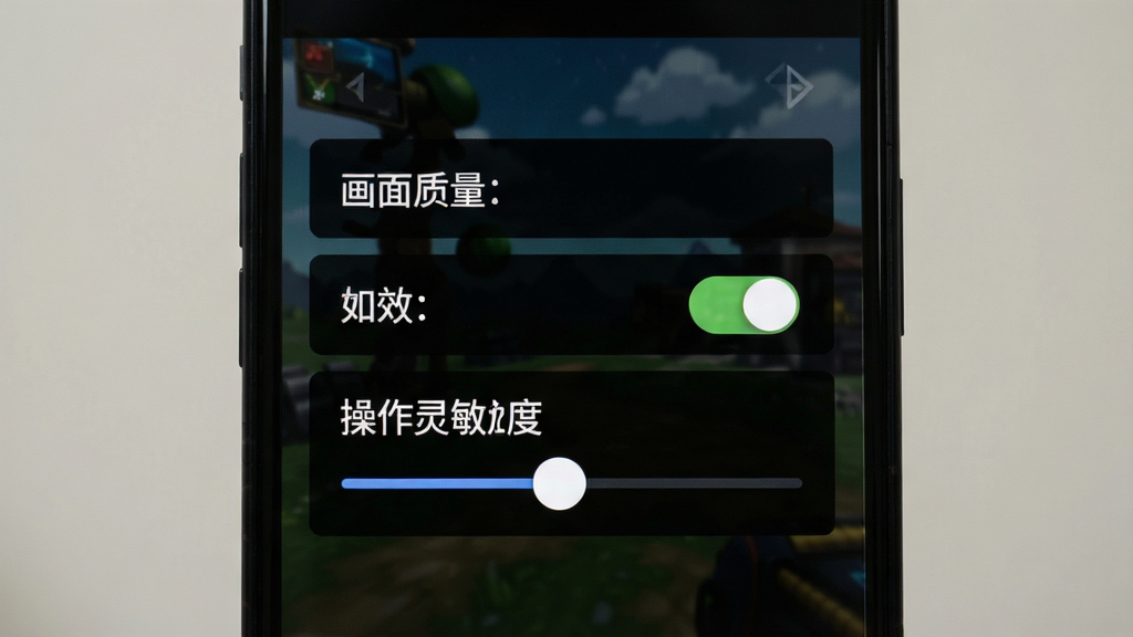 手机屏幕显示游戏设置菜单,包含画面质量、音效开关、操作灵敏度滑块等选项,背景为半透明黑色遮罩,风格为简洁游戏UI,文字清晰可辨,干净无多余元素,高清画质