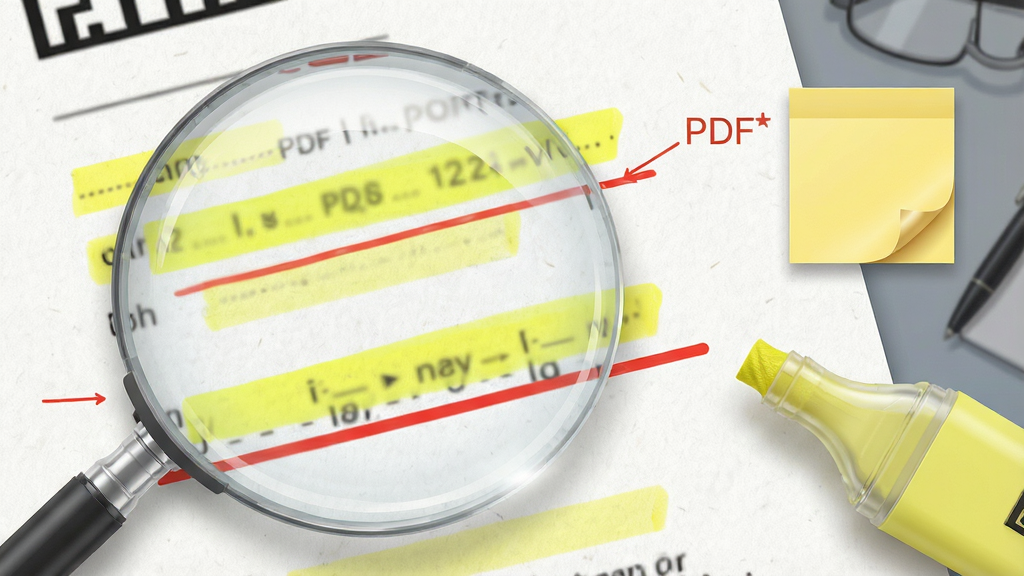 一张展示 PDF 标注功能的示意图,画面主体是一份 PDF 文档页面,页面上有黄色的高亮标记和红色的下划线,旁边有一个便签图标,布局为文档局部放大,排版突出标注细节,风格为写实办公风,细节包括纸张的纹理感、荧光笔的透明叠加效果,画质为高清,画面干净,无多余元素