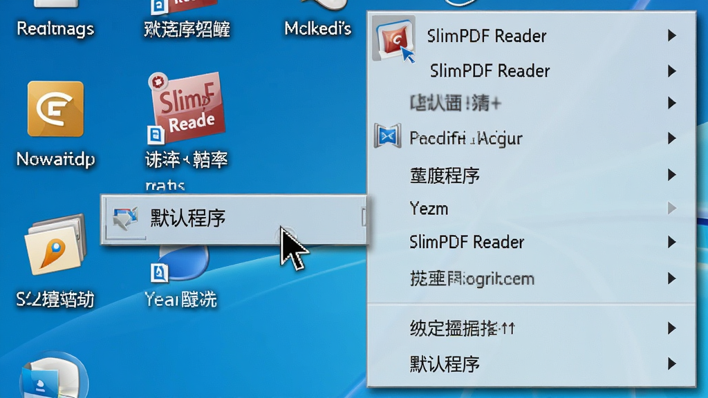 一张展示电脑桌面设置的截图风格图,画面中鼠标指针正指向“默认程序”设置选项,旁边有 SlimPDF Reader 的图标,布局为桌面右键菜单特写,排版清晰展示操作路径,风格为写实截图风,细节包括菜单的阴影效果、图标的清晰边缘,画质为高清,画面干净,无多余元素
