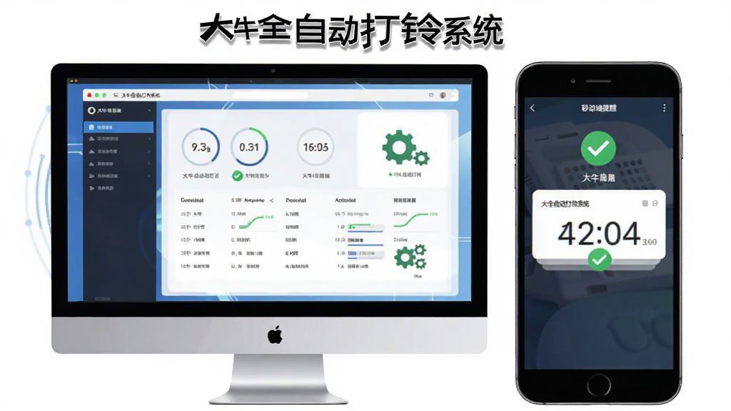 主体是一台电脑和一部手机并排展示,电脑屏幕上显示大牛全自动打铃系统的配置界面,手机屏幕上显示移动端打铃提醒,布局为左右对比式,排版清晰,风格为扁平化科技风,细节包括绿色对勾、齿轮图标、时间显示,画面中带有