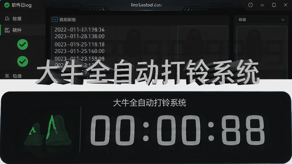 主体是软件日志界面和倒计时面板,布局为上下结构,排版规整,风格为深色科技风,细节包括绿色对勾图标、时间戳、倒计时数字,画面中带有