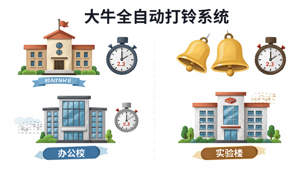 主体是多个建筑物图标分别连接不同的铃铛,布局为左右分区对比式,排版清晰,风格为商务插画风,细节包括教学楼、办公楼、实验楼标签和各自独立的定时器,画面中带有