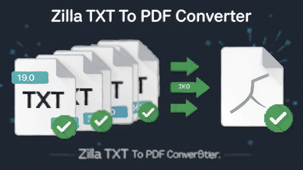 一张展示 Zilla TXT To PDF Converter 批量转换功能的图片,主体为多个TXT文件图标排列成队列,右侧汇聚成一个PDF文件图标,布局为左右对称结构,排版突出批量处理与转换流向,风格为扁平化科技插画风格,细节包含文件数量标签、绿色转换箭头与完成勾选标记,画质清晰,干净,无多余元素