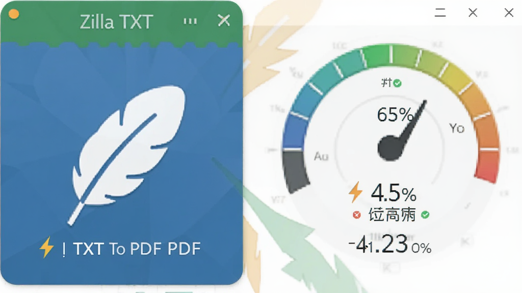 一张展示 Zilla TXT To PDF Converter 轻量运行的图片,主体为软件安装包图标与系统资源占用仪表盘,布局为中心放射状构图,排版突出小巧与高效,风格为扁平化图标设计风格,细节包含羽毛、闪电符号与低占用百分比数字,画质高清,干净,无多余元素