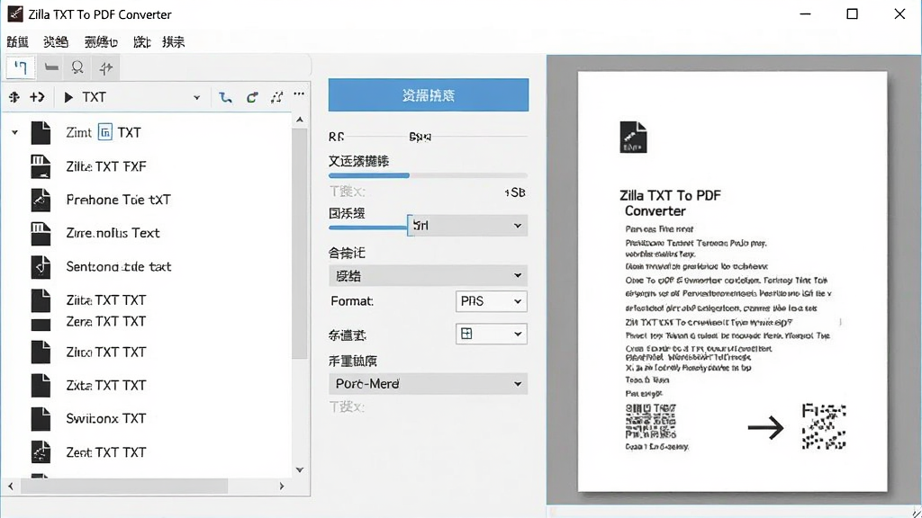 一张展示 Zilla TXT To PDF Converter 软件界面的图片,主体为软件主窗口,左侧显示TXT文本文件列表,右侧显示PDF预览效果,布局为居中矩形构图,排版清晰展示菜单栏、转换按钮与参数设置区,风格为现代简约办公软件风格,细节包含文件图标、转换箭头、进度条与格式选项,画质高清,干净,无多余元素