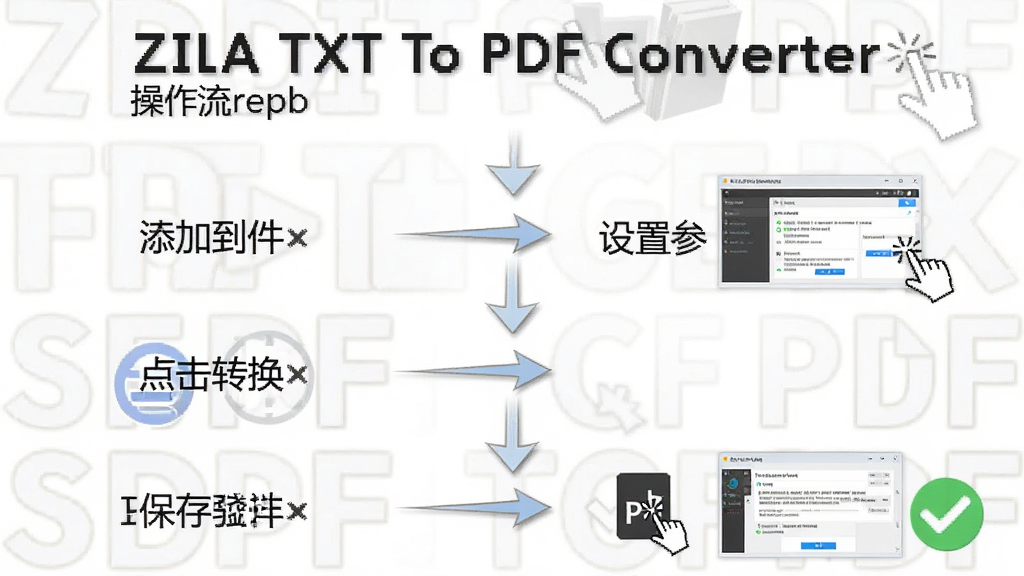 一张展示 Zilla TXT To PDF Converter 使用步骤的图片,主体为软件操作流程图,布局为从上到下四步走结构,排版依次为添加文件、设置参数、点击转换、保存PDF,风格为简洁教程图解风格,细节包含鼠标点击手势、参数面板缩略图与完成勾选图标,画质高清,干净,无多余元素
