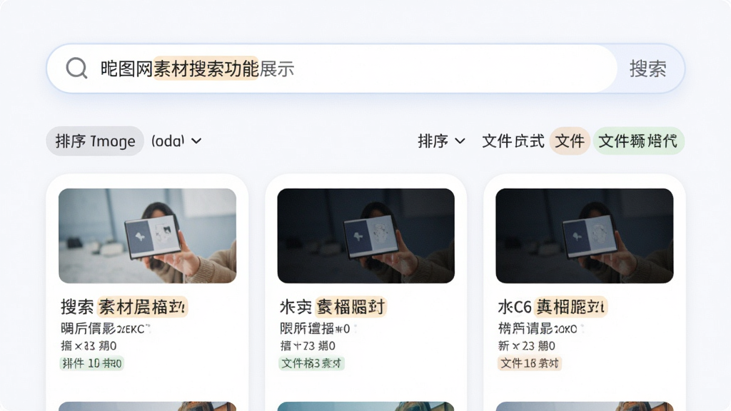 昵图网素材搜索功能展示,主体为软件搜索框与结果列表,布局上方搜索栏下方卡片式结果,排版简洁直观,风格柔和圆角,细节包含关键词高亮、排序选项、文件格式标签,画质高清,干净,无多余元素