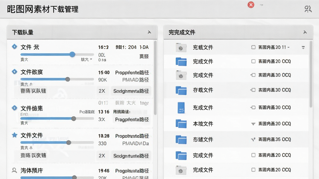 昵图网素材下载管理界面,主体为下载队列与本地文件列表,布局左侧任务队列右侧已完成文件,排版工整,风格浅灰质感,细节包含进度条、文件大小、存储路径,画质高清,干净,无多余元素
