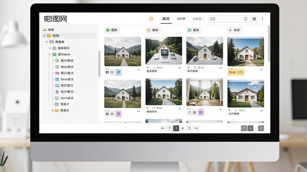 昵图网素材分类浏览界面,主体为电脑屏幕显示的图库分类导航,布局左侧树状菜单与右侧瀑布流缩略图,排版层次分明,风格清新浅色系,细节包含分类图标、素材缩略图、页码切换按钮,画质高清,干净,无多余元素