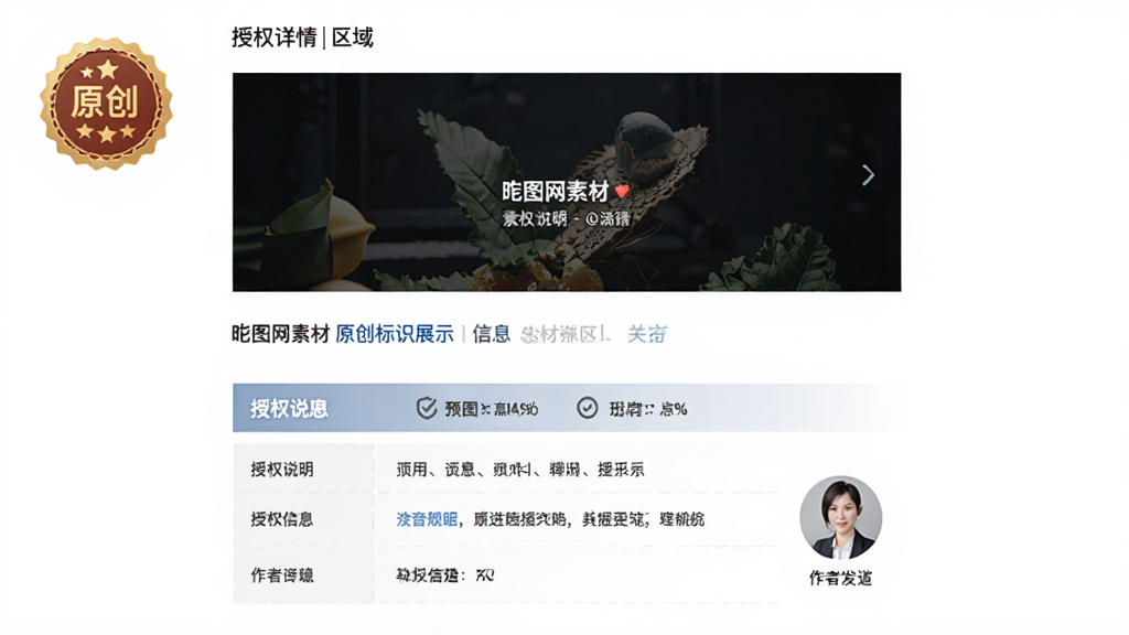 昵图网素材原创标识展示,主体为素材详情页的授权信息区域,布局上方预览图下方信息表格,排版清晰,风格简约商务,细节包含原创徽章、授权说明文字、作者头像,画质高清,干净,无多余元素