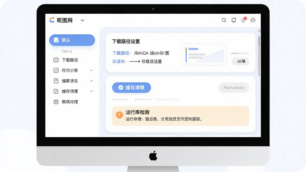 昵图网素材使用教程示意图,主体为电脑屏幕上的软件设置界面,布局左侧菜单右侧选项面板,排版清晰,风格柔和圆角,细节包含下载路径设置、缓存清理按钮、运行库检测提示,画质高清,干净,无多余元素
