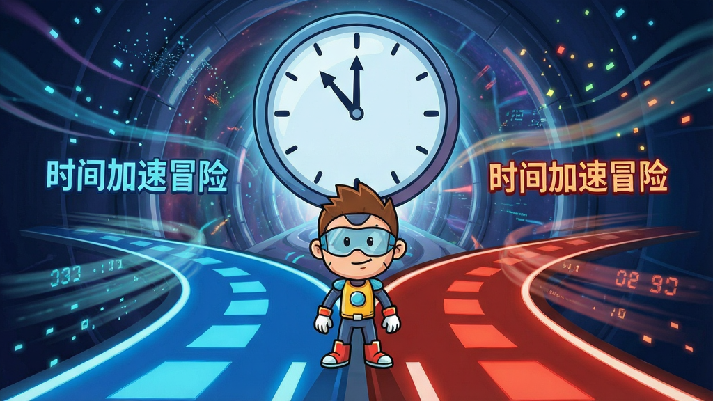 一位卡通角色站在分叉路口,左手边是蓝色减速区域,右手边是红色加速区域,头顶悬浮着巨大的时钟表盘,背景是科技感十足的时空隧道,布局采用左右对称,排版清晰,风格为未来科幻卡通,细节包括流动的光影、数字粒子、速度残影,画质高清干净无多余元素,画面中带有“时间加速冒险”文字