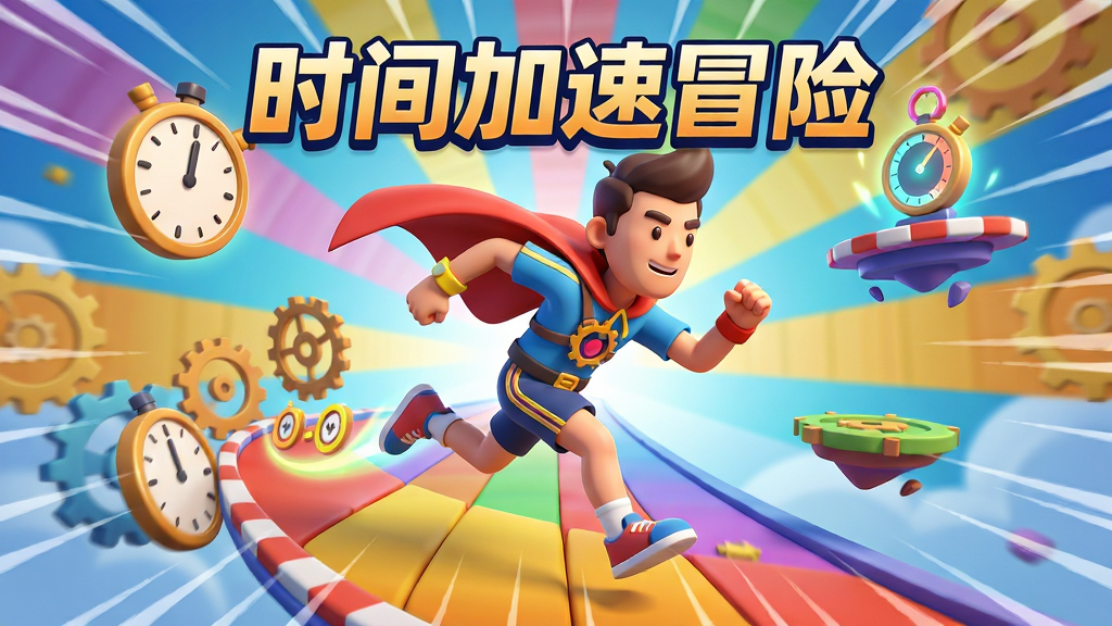 画面中央是一位身穿运动装的卡通冒险者正在冲刺,周围环绕着时钟、齿轮和速度线,背景是色彩鲜艳的奇幻跑道,布局采用中心放射状构图,排版突出人物动态,风格为3D卡通渲染,细节包括飘动的披风、发光的计时器、悬浮的平台,画质高清干净无多余元素,画面中带有“时间加速冒险”文字标题