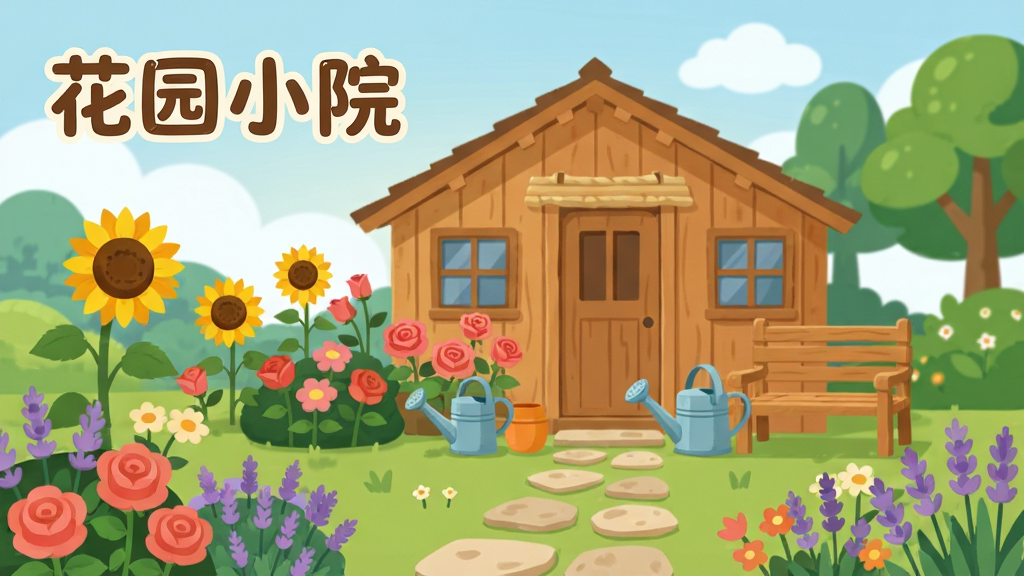 一幅清新治愈的庭院花园场景插画,画面中央是一座木质小院,院中开满各色鲜花,有向日葵、玫瑰和薰衣草,一条石板小路通向院门,院内摆放着浇水壶和木制长椅,背景是柔和的蓝天白云和远处的绿树。整体采用扁平化插画风格,色彩明快温暖,细节丰富但画面干净无多余元素,画质清晰细腻。画面左上角用圆润可爱的字体标注“花园小院”四个字。